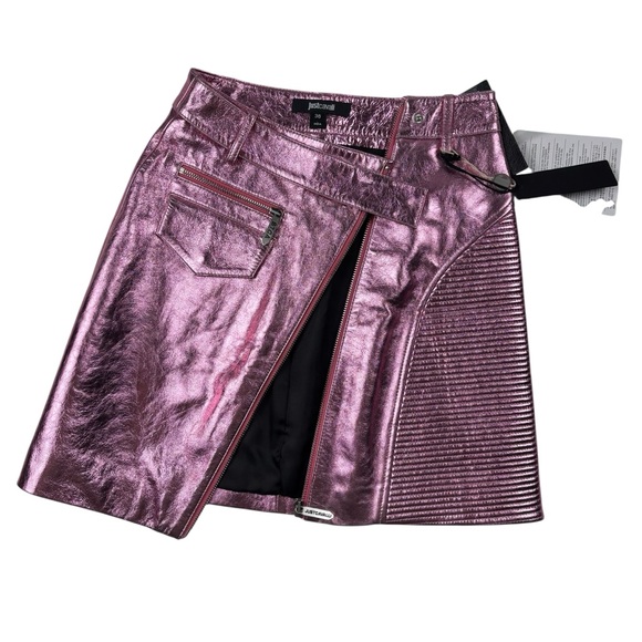 JUST CAVALLI METALLIC PINK LEATHER RIBBED HIGH WAIST MINI MOTO SKIRT - Picture 4 of 15